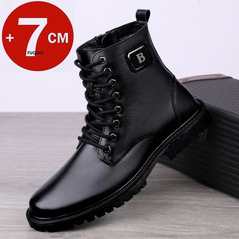 Men Shoes Boss - รองเท้าบูทหนังแท้ผู้ชาย บุขนอุ่นสำหรับฤดูหนาว แบบซิปขึ้นข้อเท้า เพิ่มความสูงแบบซ่อน 7 ซม.