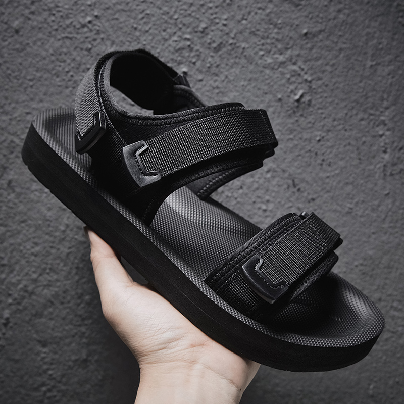 Men Shoes Velcro - รองเท้าแตะแบบปรับได้สำหรับเท้ากว้าง สายรัดแบบตะขอและห่วง รองเท้าลำลองผู้ชายสำหรับฤดูร้อน หัวเข็มขัดคู่ ระบายอากาศได้ดี สีดำล้วน