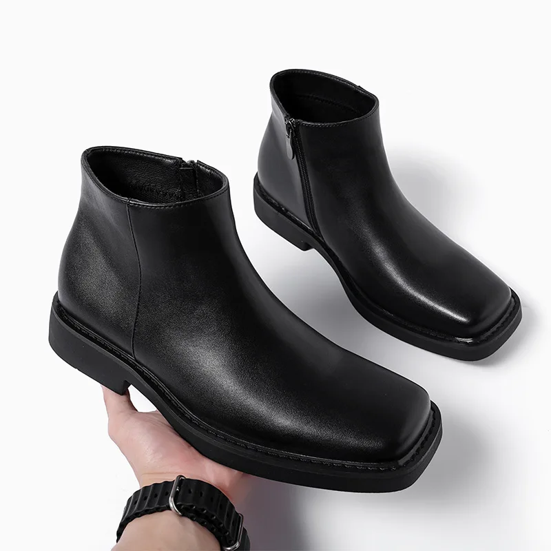 Men Shoes Boss - สีดําใหม่แฟชั่นผู้ชายรองเท้าหนังลําลองรองเท้าฤดูใบไม้ร่วงฤดูหนาวรองเท้าข้อเท้า Vintage อังกฤษธุรกิจสแควร์ Toe รองเท้าเชลซี