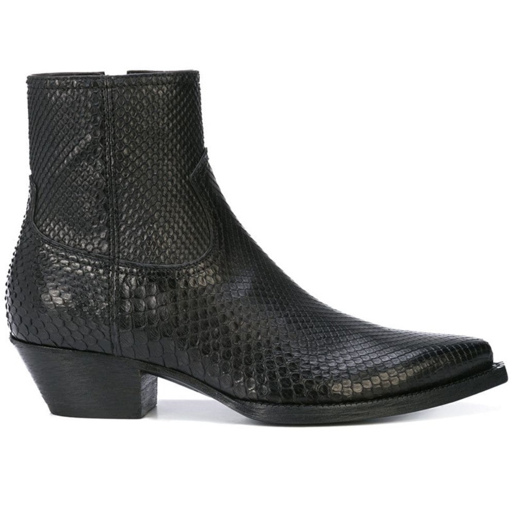 Men Shoes Boss - รองเท้าบูทเชลซีผู้ชาย หนังแท้ รองเท้าบูทหุ้มข้อ สไตล์ธุรกิจ หัวแหลม ส้นสูง