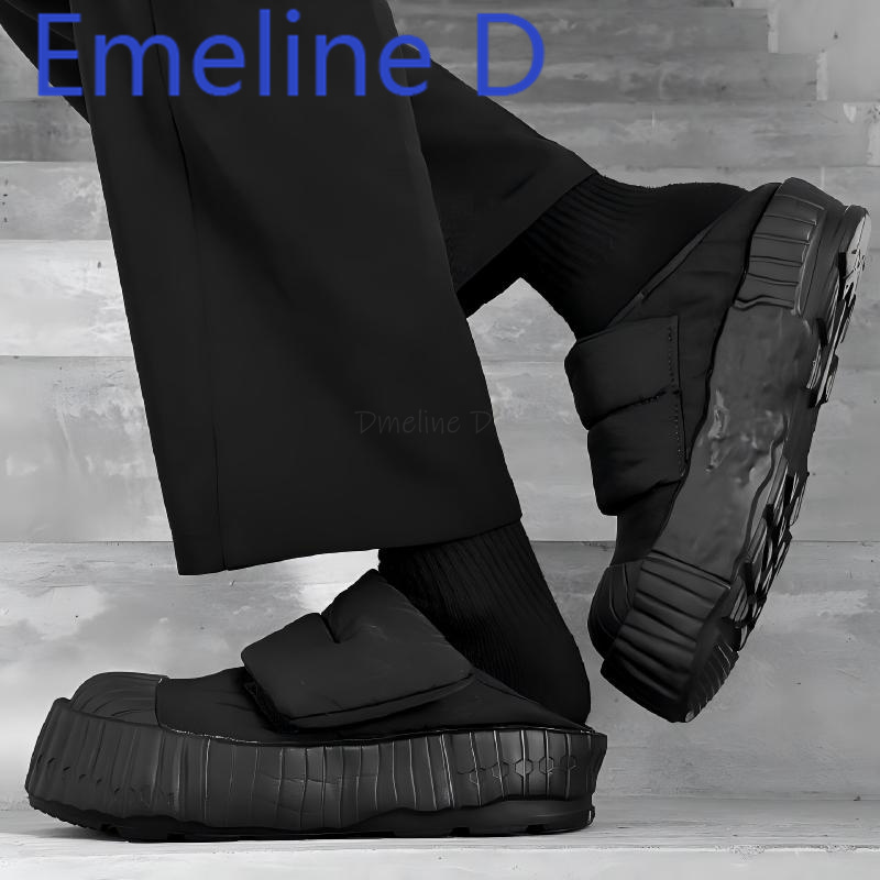 Men Shoes Velcro - รองเท้าบูทหิมะแบบสวมสำหรับคู่รัก บุผ้ากำมะหยี่หนานุ่ม ดีไซน์แบบตีนตุ๊กแก อุ่นสบาย ทรงรองเท้าบุนวม หัวกลม