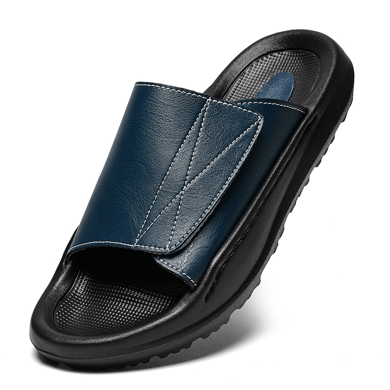 Men Shoes Velcro - รองเท้าแตะหนังแบบสวมสำหรับผู้ชาย ปรับได้ เปิดส้น สวมง่าย ระบายอากาศได้ดี เหมาะสำหรับฤดูร้อน