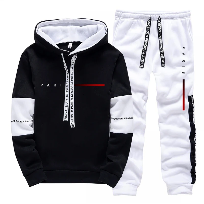 Men Shoes Joggers - ชุดฮู้ดดี้แฟชั่นสไตล์ปารีสสำหรับผู้ชาย เสื้อฮู้ดและกางเกงขายาวลำลอง ใส่ได้ทุกฤดู เหมาะสำหรับใส่ในชีวิตประจำวัน ออกกำลังกาย หรือเล่นกีฬา