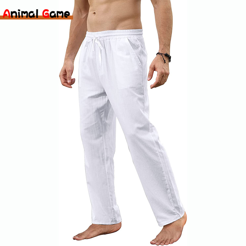 Men Shoes Joggers - กางเกงฝ้ายลินินผู้ชาย, กางเกงลำลองกางเกงวิ่งขายาวสำหรับใส่วิ่งสายกระเป๋าสีพื้นระบายอากาศได้ดี