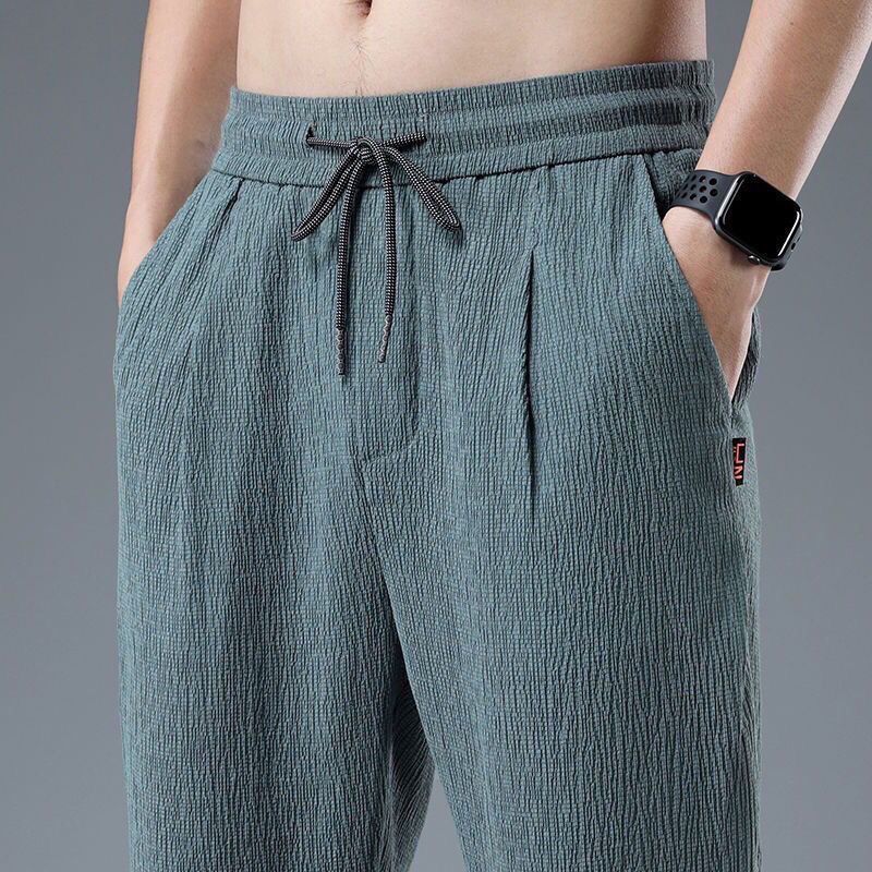 Men Shoes Joggers - ฤดูร้อนผ้าไหมน้ําแข็ง Man Jogger กางเกงผ้าลินินสบายๆฤดูร้อน Sweatpants ชายฤดูใบไม้ผลิน้ําหนักเบา