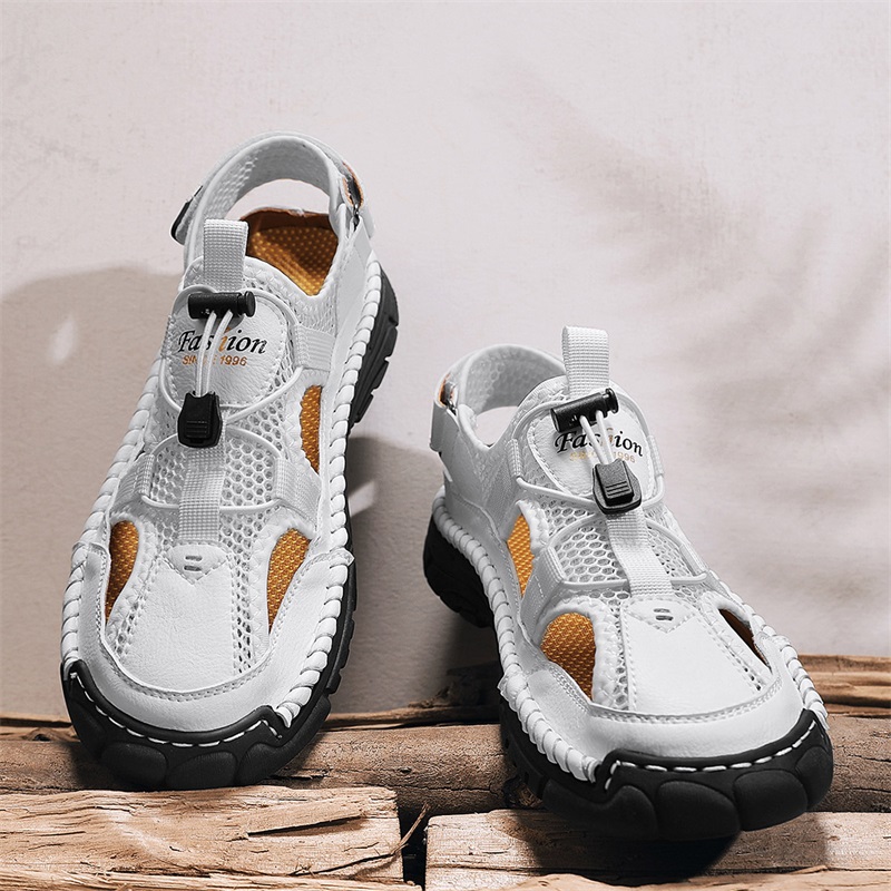 Men Shoes Velcro - รองเท้าแตะพิมพ์ลายตัวอักษรเรียบง่ายสำหรับผู้ชาย, รองเท้าแตะแบบกลวงสำหรับชายหาดฤดูร้อน, รองเท้าผู้ชายแบบเวลโครทันสมัย, รองเท้าเดินป่ากลางแจ้งและรองเท้าเดินตามลำธาร, สวมใส่สบาย, ระบายอากาศได้ดี,