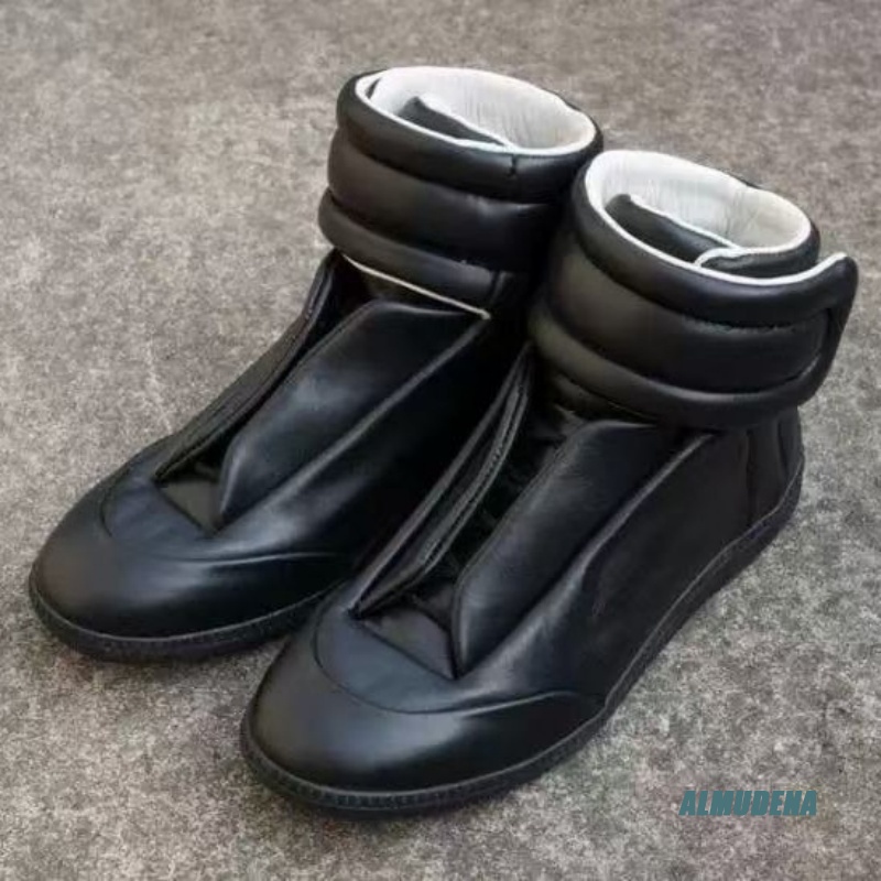 Men Shoes Velcro - รองเท้าผ้าใบหุ้มข้อสูงสีดำล้วนสำหรับผู้ชาย แฟชั่นหนังติดเวลโคร สไตล์สตรีทแวร์ ใส่สบาย เหมาะสำหรับกิจกรรมกลางแจ้ง