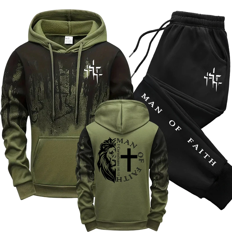 Men Shoes Joggers - ชุดเซ็ตผู้ชายลาย Man of Faith เสื้อฮู้ดและกางเกงวอร์มสีดำ สำหรับฤดูใบไม้ร่วงและฤดูหนาว